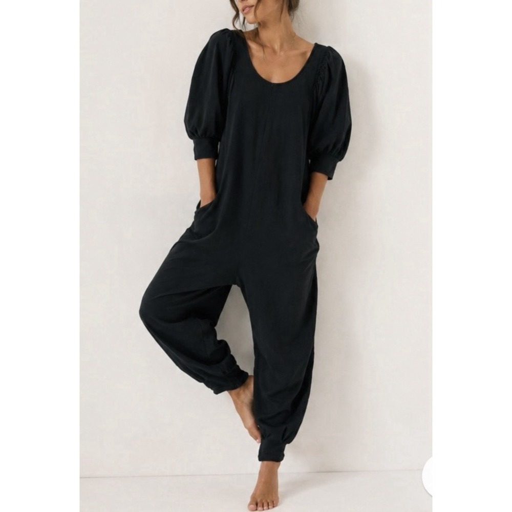 Free People FP Beach Jackie One Piece Jumpsuit Black Open Back Medium NWOT